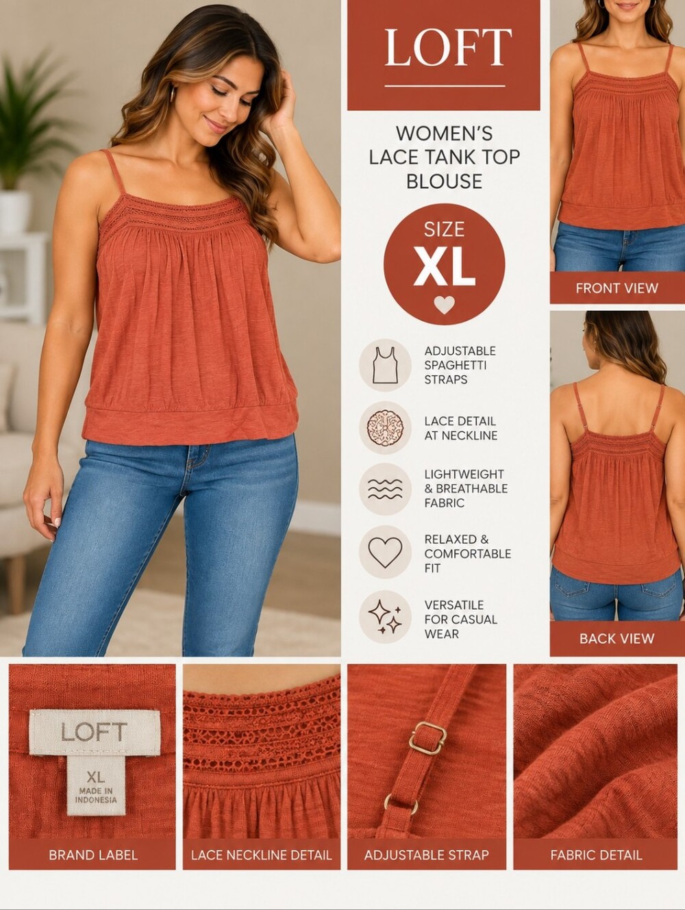 New loft Women's XL orange lace tank top blouse #31